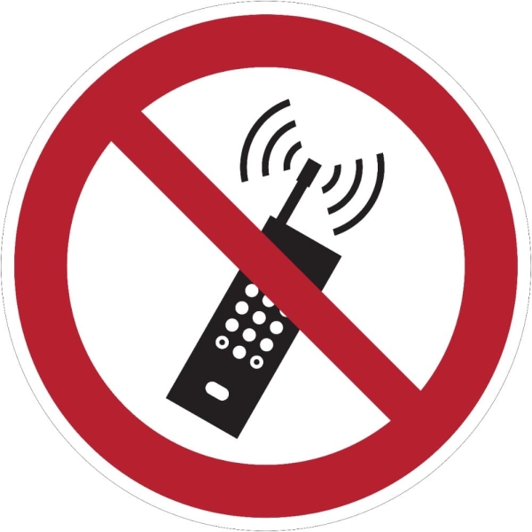 Verbotskennzeichnung, eingeschaltete Mobiltelefone verboten – Aluminium-Kompositwerkstoff, D. 200 mm