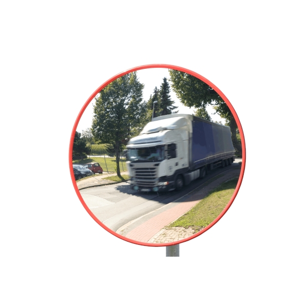 Verkehrsspiegel Premium – Acrylat, roter Rahmen, D.80cm