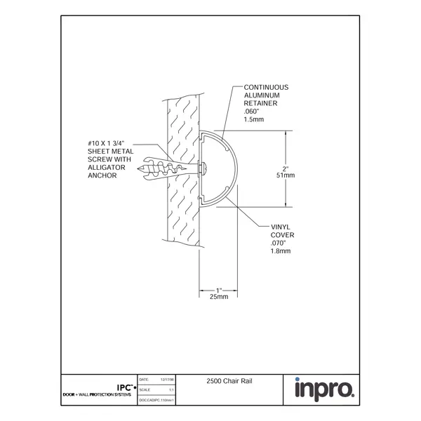 Wandprallschutz, Schutzplanke Chair Rail 2500 – PVC, Standard-RAL-Farben, 51 mm × 3,66 m