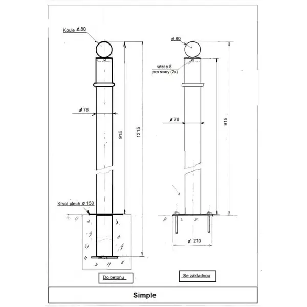 Zierpfosten SIMPLE – Metall, 920 mm, fest mit Platte