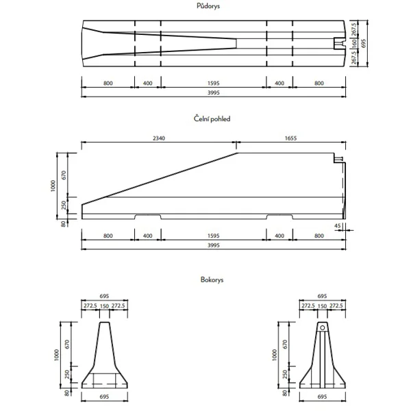 Zweiseitige Betonschutzplanke TYP100 – linkes Endstück, 4000×695×1000 mm