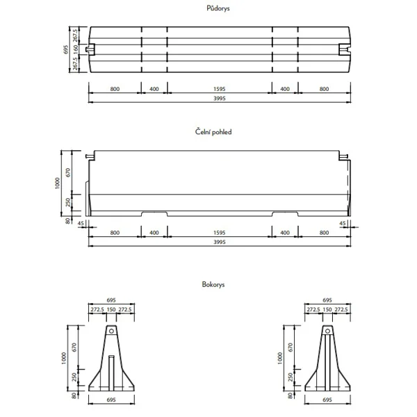 Zweiseitige Betonschutzplanke TYP100 – Mittelstück, 4000×695×1000 mm