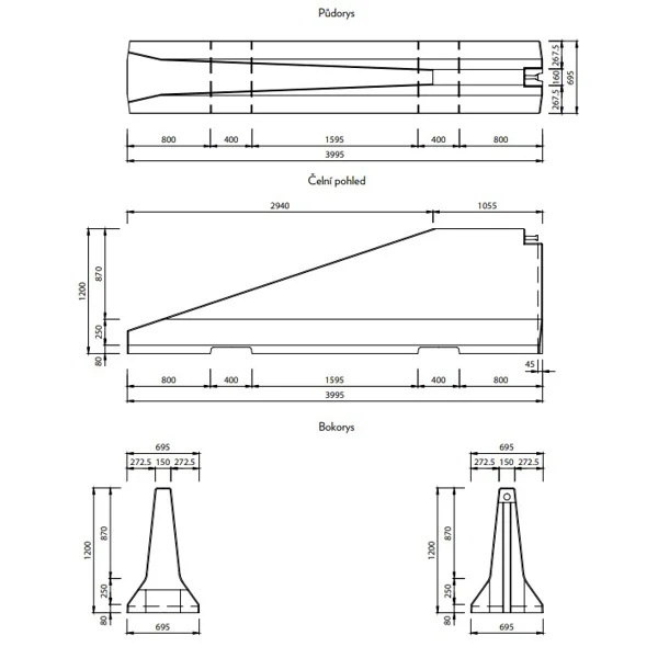 Zweiseitige Betonschutzplanke TYP120 – rechtes Endstück, 4000×695×1200 mm