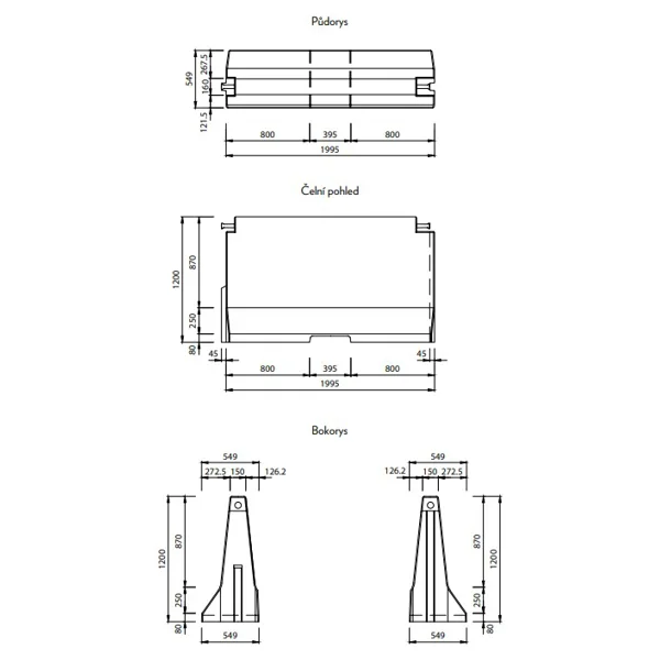 Zweiseitige Betonschutzplanke TYP120, verkürzt – Mittelstück, 2000×695×1200 mm