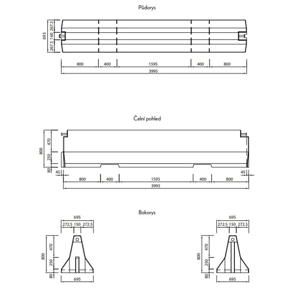 Zweiseitige Betonschutzplanke TYP80 – Mittelstück, 4000×695×800 mm