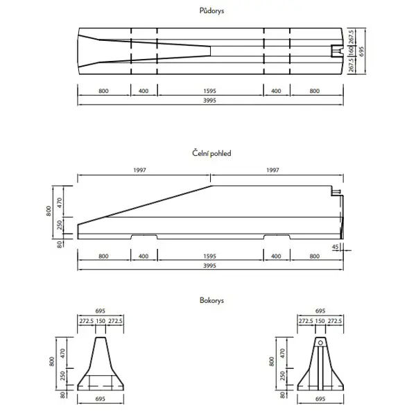 Zweiseitige Betonschutzplanke TYP80 – rechtes Endstück, 4000×695×800 mm