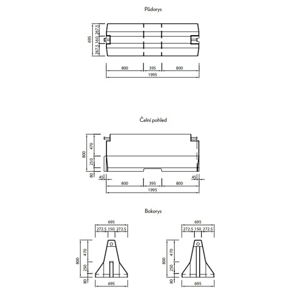 Zweiseitige Betonschutzplanke TYP80, verkürzt – Mittelstück, 2000×695×800 mm